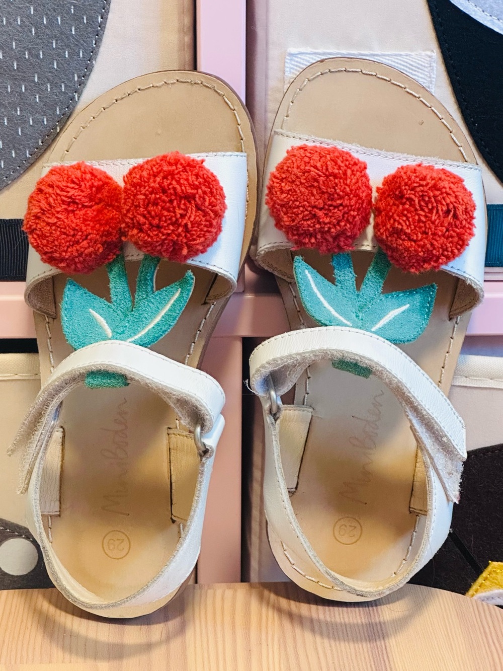 Mini Boden Cherry Pom-Pom Sandals with Felted Leaves - Size 11
